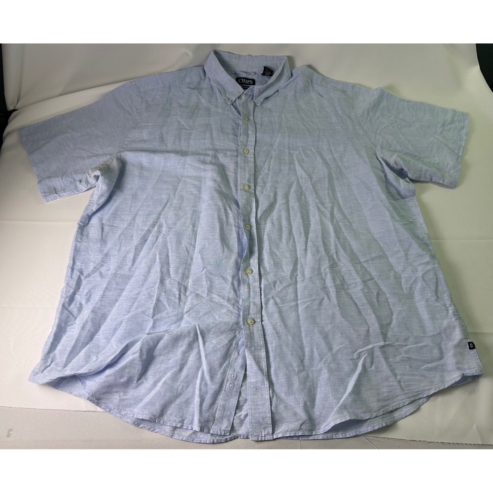 Chaps Linen Cotton Button Up Short Sleeve Light Blue Shirt 3XLT Mens Lightweight